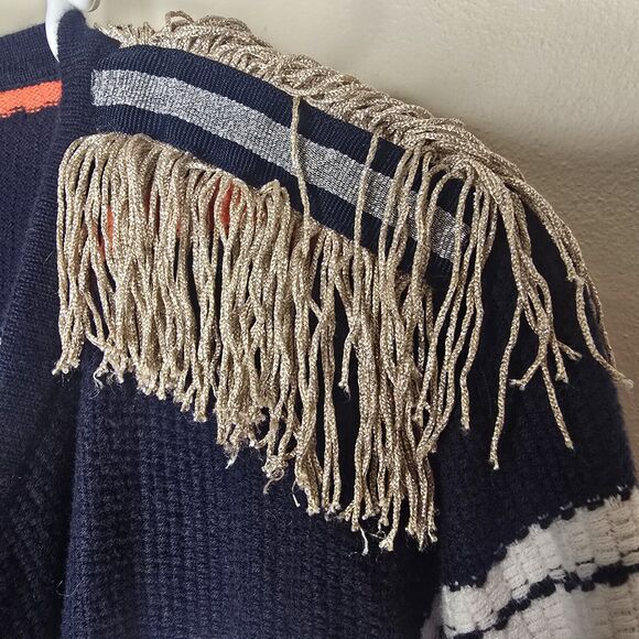 Vilagallo Navy Blue Multicolor Stripe Open Front Cardigan Fringe Shoulder S/M - Picture 4 of 16